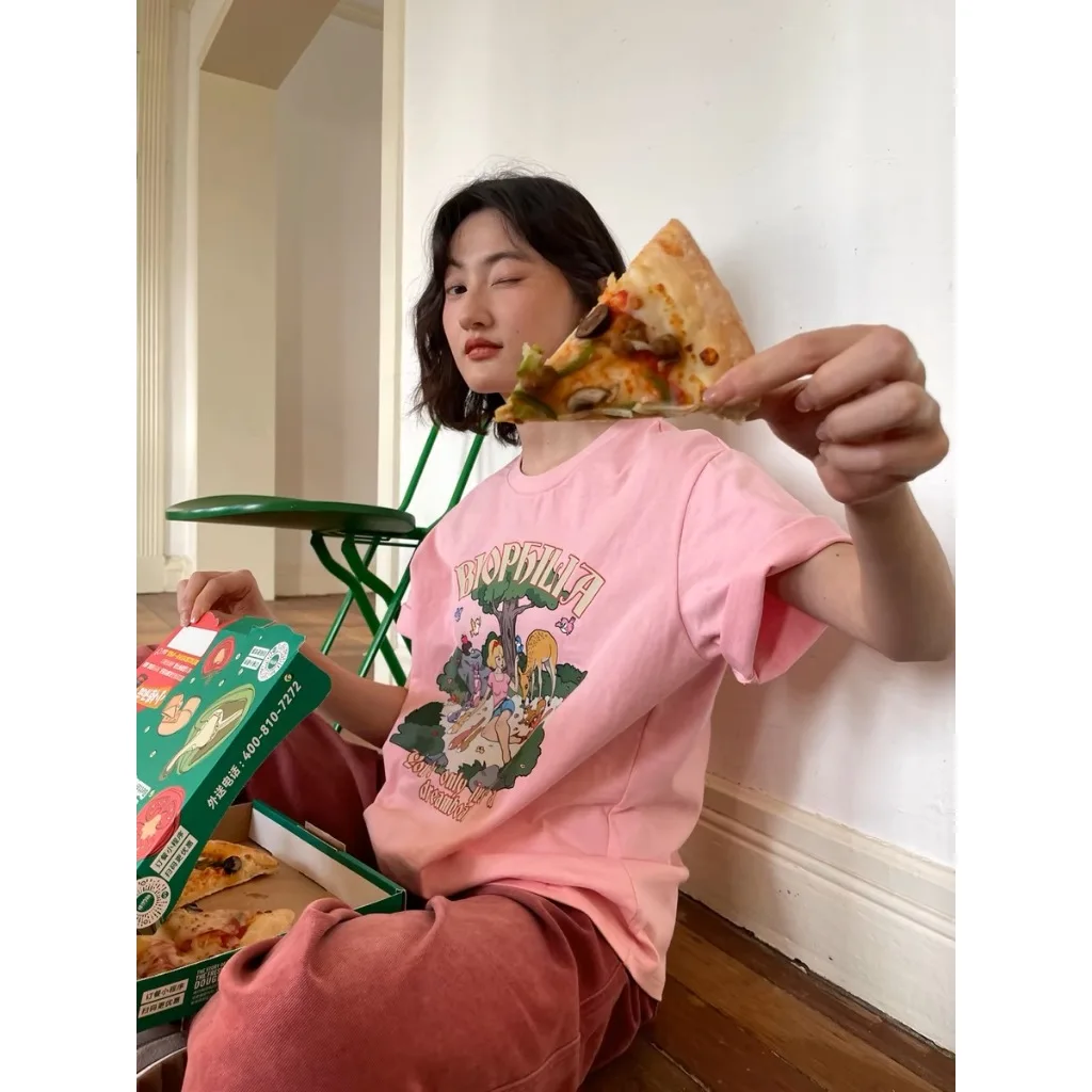 Zomer Katoen Cartoon Print Wit T-shirt Vrouwen 2025, Nieuwe Korte Mouw T-shirt Leuk Ontwerp Gevoel Casual Comfort Top Vrouwelijke kleding