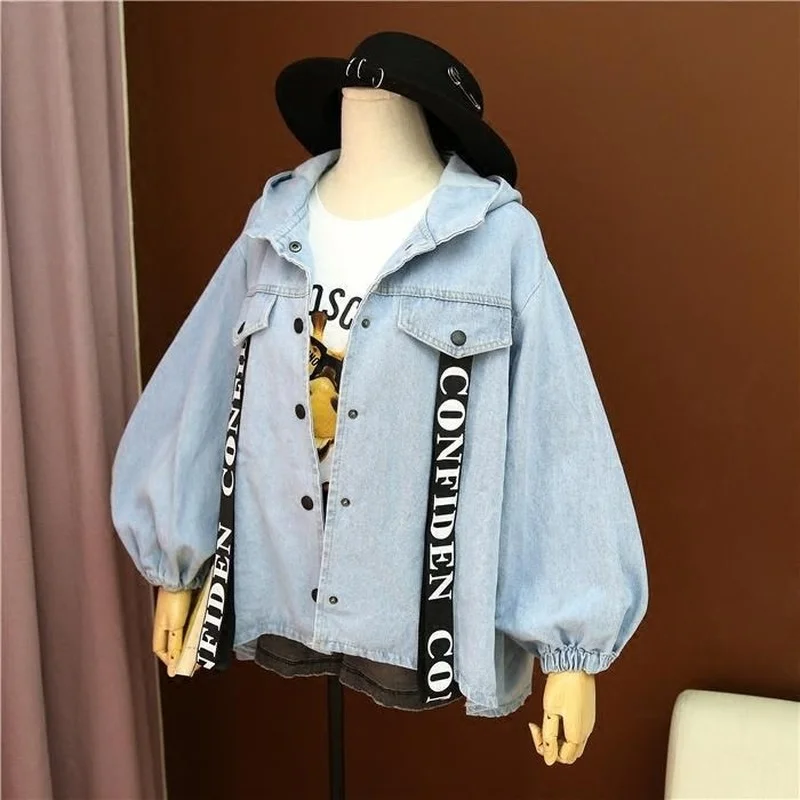 Women's Hooded Denim Jacket Spring Autumn Plus Size Loose Blue Jean Jacket Coat Retro Free Shipping Wholesale Cropped Top New