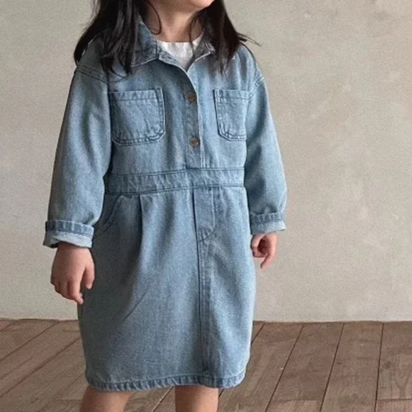 Girls Skirt 2026 Autumn New Children's Clothing Korean Style Girls Baby Fashion Loose Lovely Lapel Cowboy Dress Casual Simple