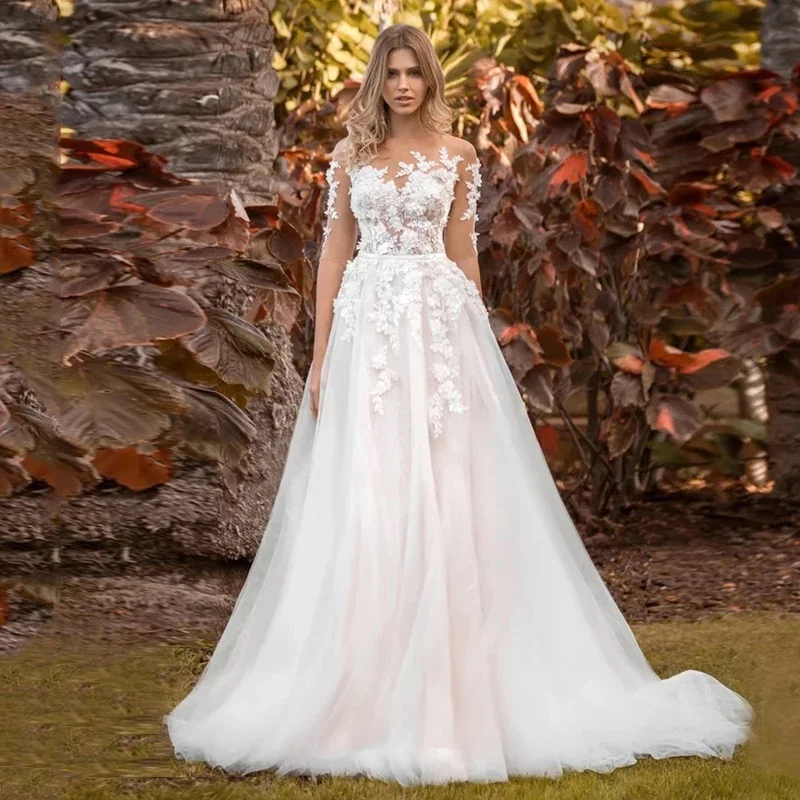 Robe de mariée élégante de Dubaï, coupe A-Line, col rond, demi-manches, appliques florales, patients Boho, élégante, personnalisée sur mesure, 2024