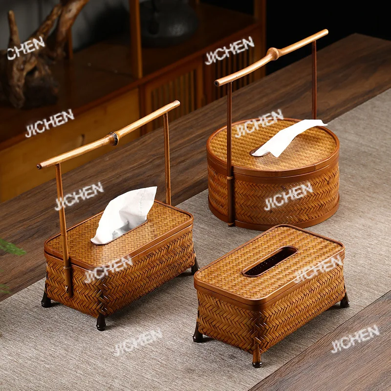 

Бамбуковая плетеная большая коробка для салфеток для краски в стиле ретро в китайском стиле с ручкой, картонная корзина, домашнее украшение для гостиной