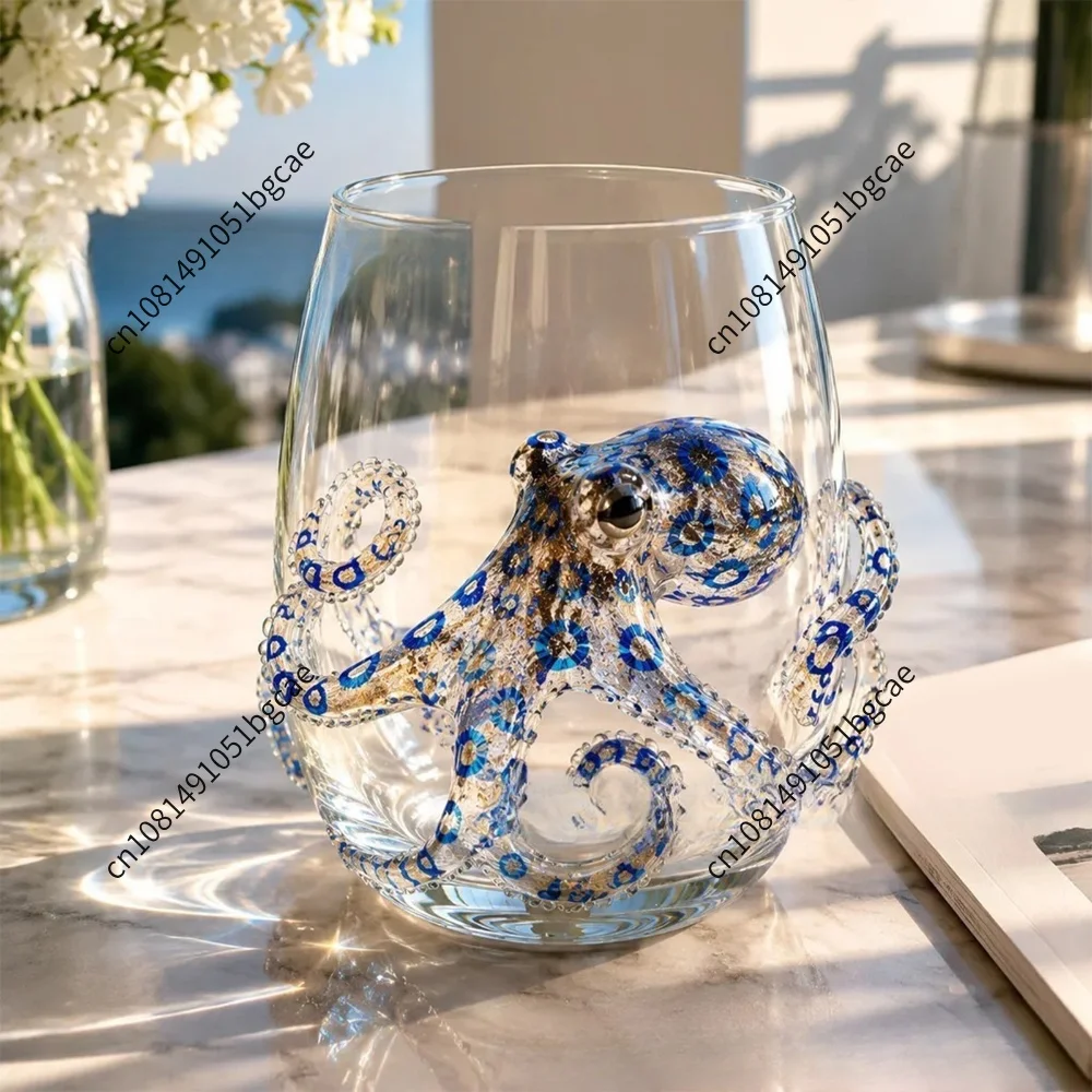 Artisanal Blue Ringed Octopus Glassware 3D Octopuses Stemless Wine Glasses Coastal Marine Animal Bar Glass for Ocean Lovers