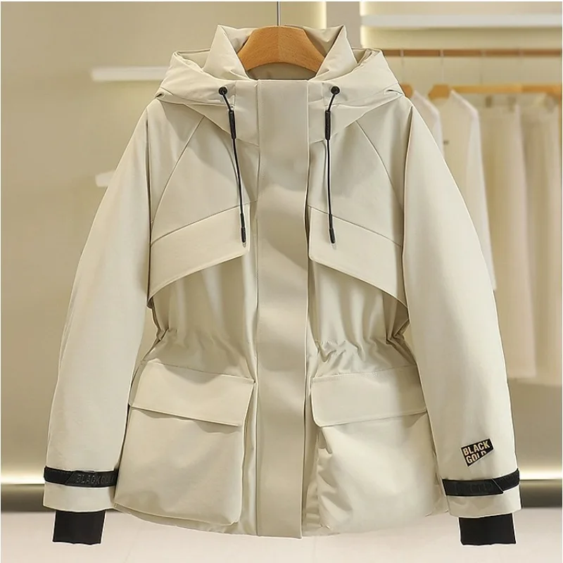 Women's Down Jacket Outdoor Mountaineering Windbreaker Coat Fitted Waist Windbreaker Wind Shell Parka Mid-length White Duck Down