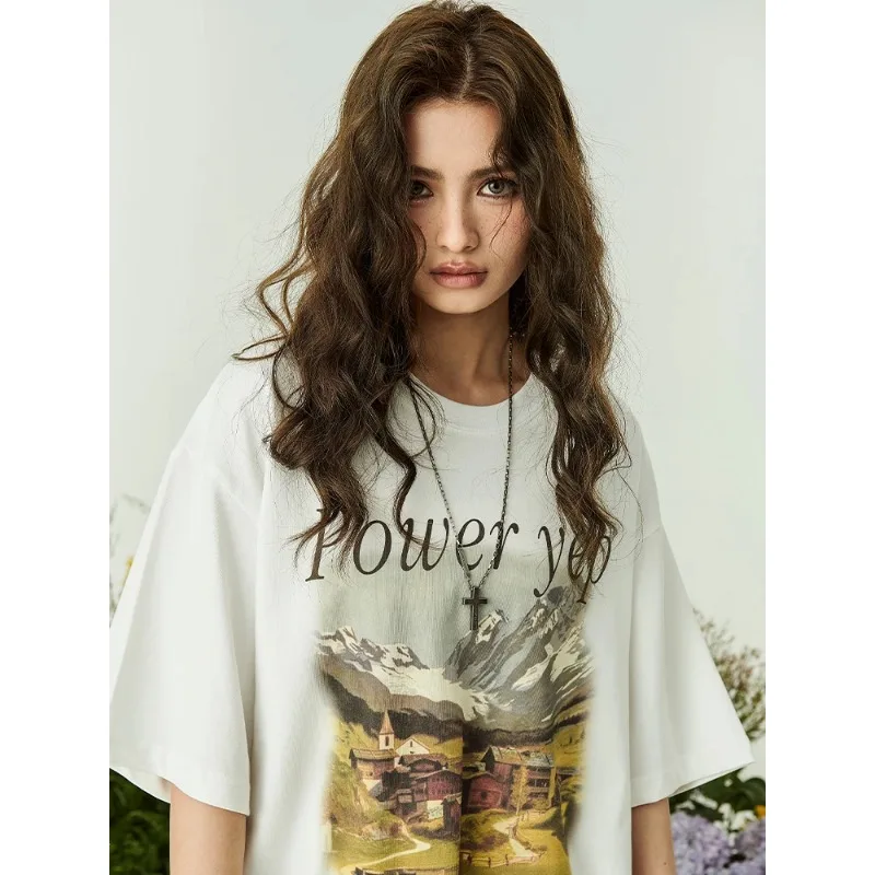 Women Cotton Vintage Mountain Village Oil Painting Print Crew Neck Loose Mid Length Short Sleeve T Shirt Summer Tops