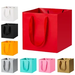 10Pcs Kraft Paper Gift Bag with Handles Square Flower Cake Takeaway Packaging Bags for Small Business Wedding  Birthday Party