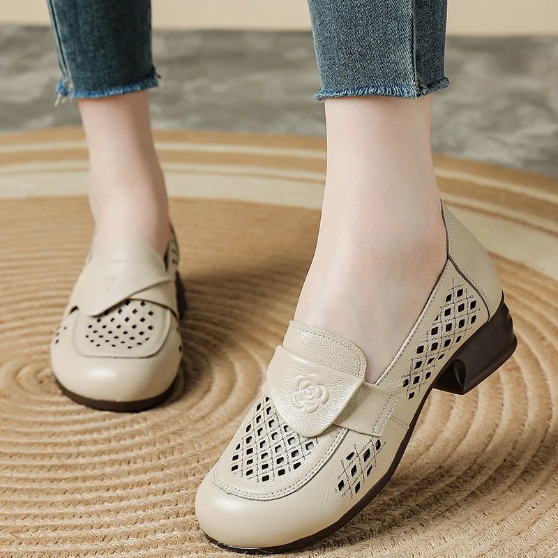

2025 Vintage Pumps Shoes for Women Genuine Leather Heels Woman Chunky Block Low Heeled Shoes Ladies Hollow Out Summer Pumps
