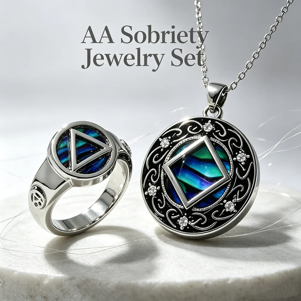 AA Sobriety Jewelry Set Abalone Shell Celtic Knot Necklace Triangle Ring Alcoholics Anonymous Recovery Gift for Sober Men Women