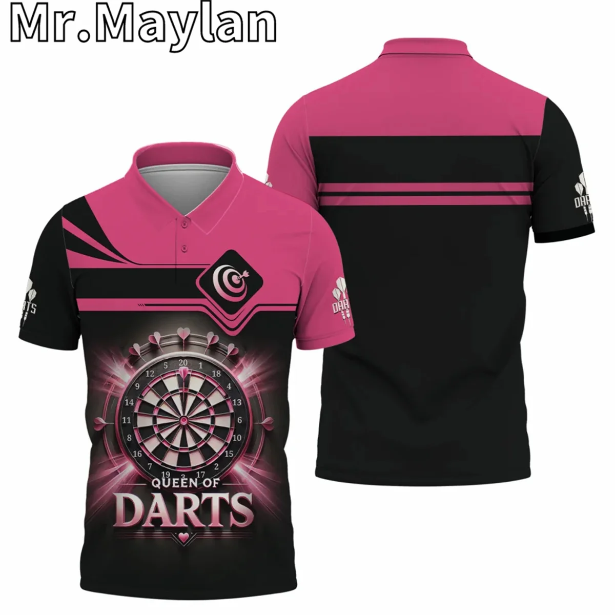 3D Custom Name Queen Of Darts Pink Polo Shirt For Women Darts Player Darts Team Jerseys Shirts Gift For Darts Lovers
