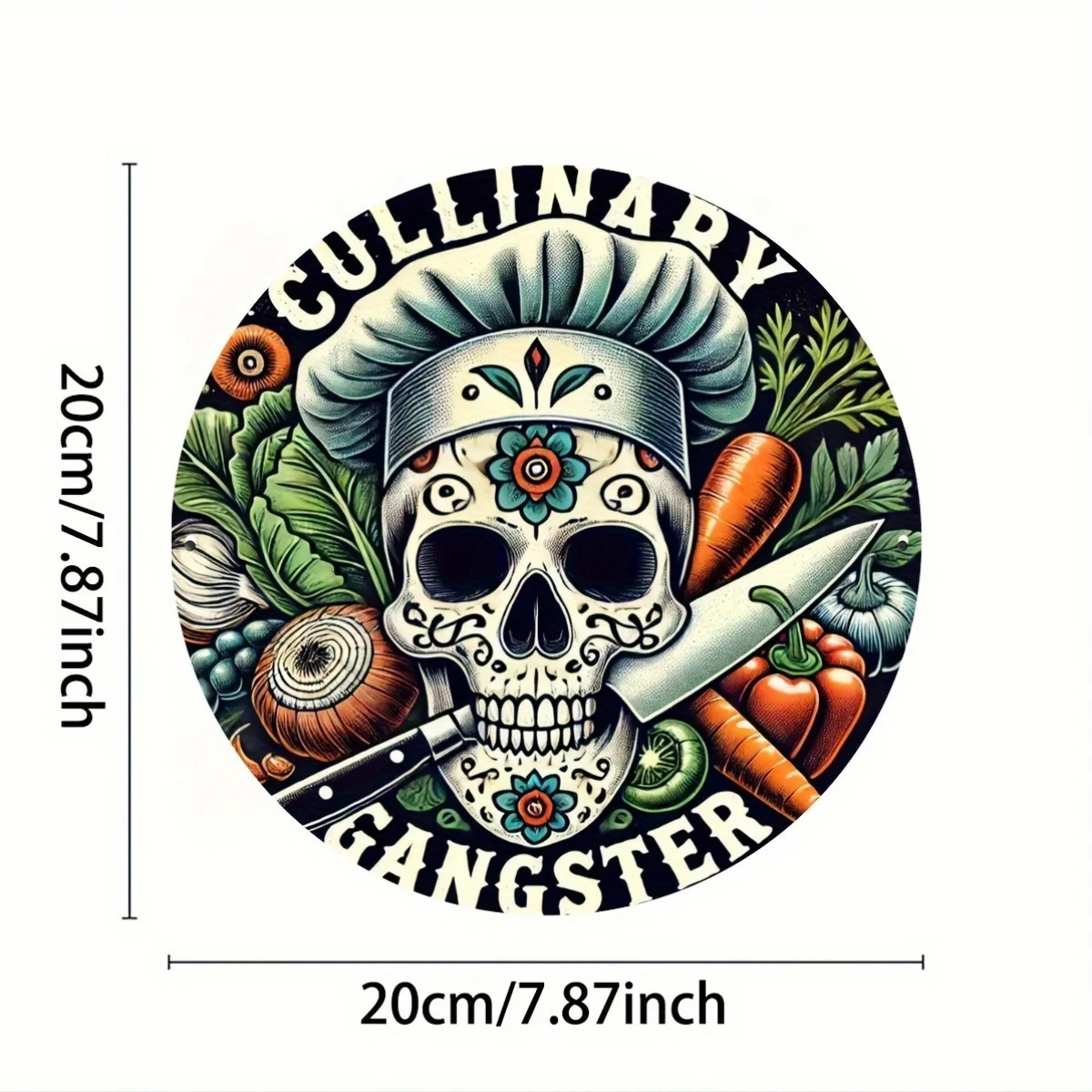 1pc Culinary Gangster Chef Skull Vegetable Knife Round Metal Sign 2D Flat Diner Kitchen Bar Wall Decor Gift