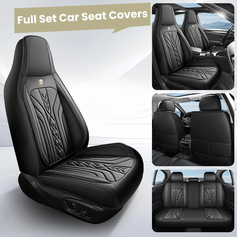 The Car Has 5 Seats, with Pu Leather Integrated Headrest Car Seat Covers, Breathable and Comfortable Without Being Stuffy, Suitable for All Seasons, with Classic Color Options Available, Suitable for Models with Integrated Headrest Seats in the Front Row