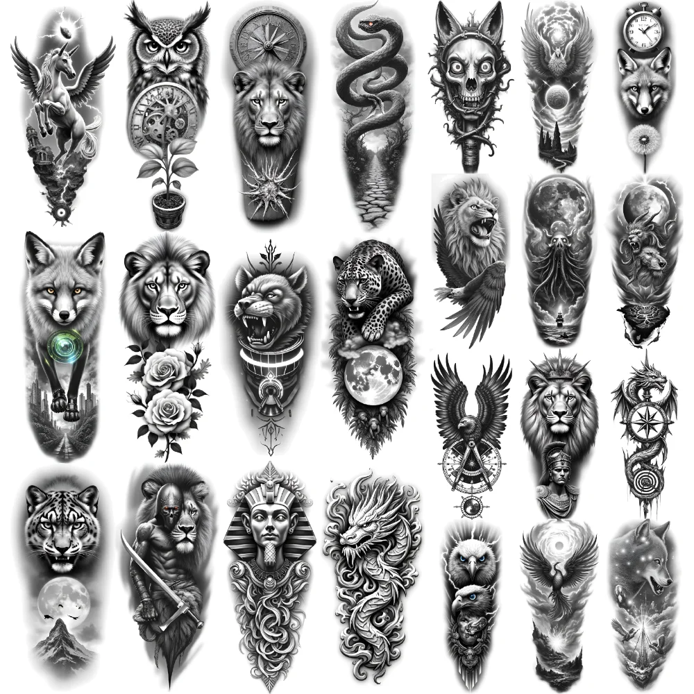 

12pcs Temporary Tattoo Dragon Realistic Temporary Tattoos Wolf Phoenix Black And Grey Realism Skull For Male Thigh Adult