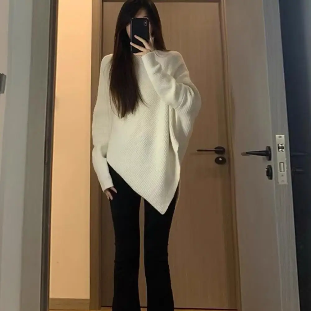 Women Loose Style Sweater Cozy Bat Sleeve Sweater for Women Warm High Collar Pullover Soft Irregular Hem Knitwear for Fall