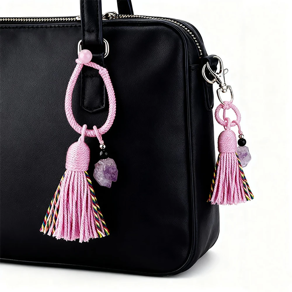 Natural Amethyst Stone Bohemia Charms Colorful Tassels Keychain Healing Crystals DIY Pendant Handbag Hanging Accessories Gift