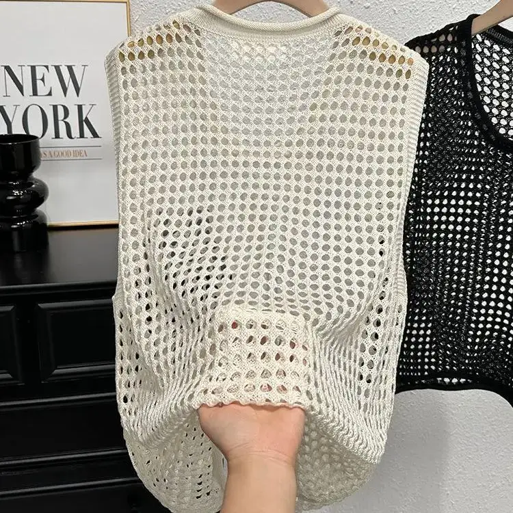 Women's Fashion Clothing Summer Mesh Knitwear Tank Top Crochet Pullover Retro Casual Round Neck Ladies Sleeveless Vest European