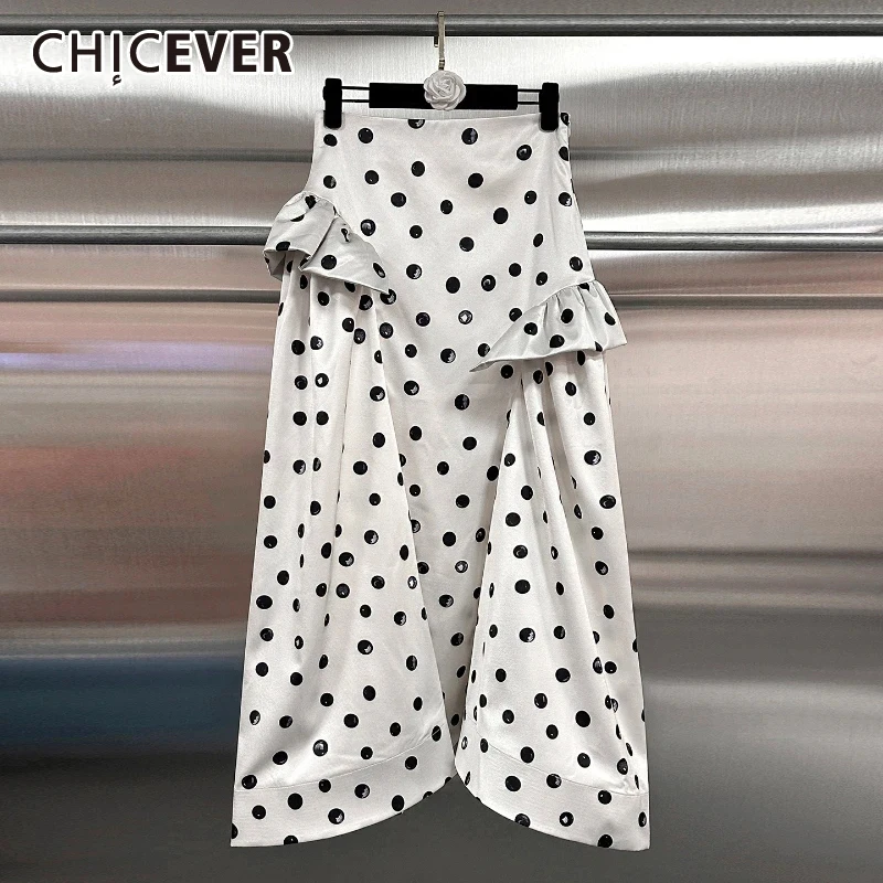 CHICEVER French Retro Elegant Dot Print Skirts for Women High Waist Patchwork Folds Temperament A Line Skirt Female Clothing New