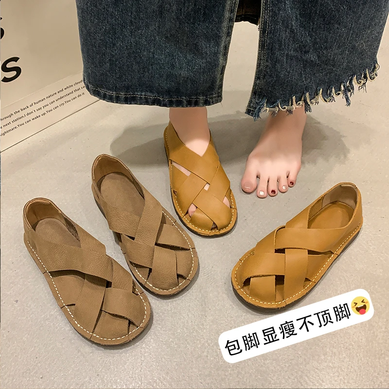 2024 leather Women\'s Sandals Top Layer Cowhide Handmade Woven Women casual Flats the retro art mori girl shoes
