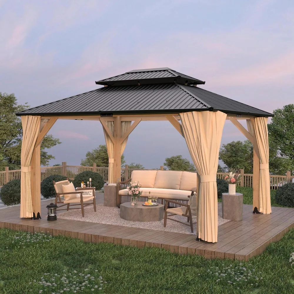 

11' x 13' Wood Gazebo, Outdoor Hardtop Gazebo, Double Galvanized Steel Roof Pergola with Curtains and Nettings