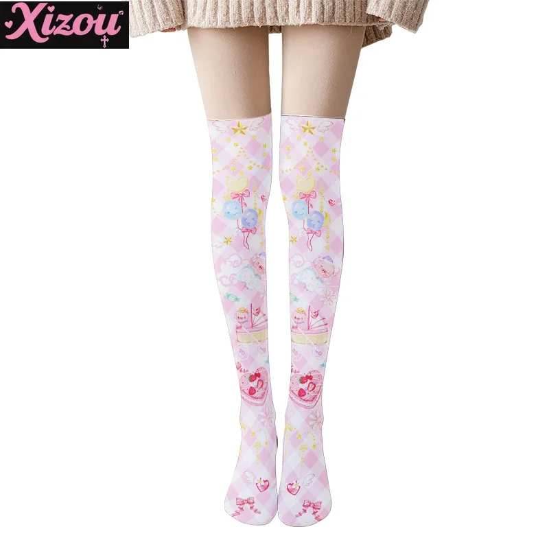 Moe Kawaii Printed Stockings Thin Women's Spring and Autumn Lolita Pink Cute Anime Knee Long Tube White Velvet Sockings Female