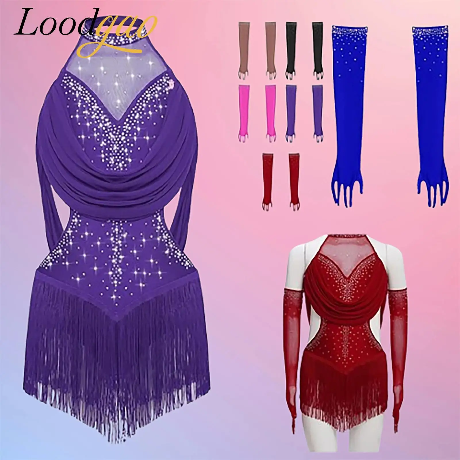 Children Performance Outfits Rumba Latin Dance Wear Girls Tassel Leotard Tango Cha-Cha Costume Skirted Bodysuits + Gloves