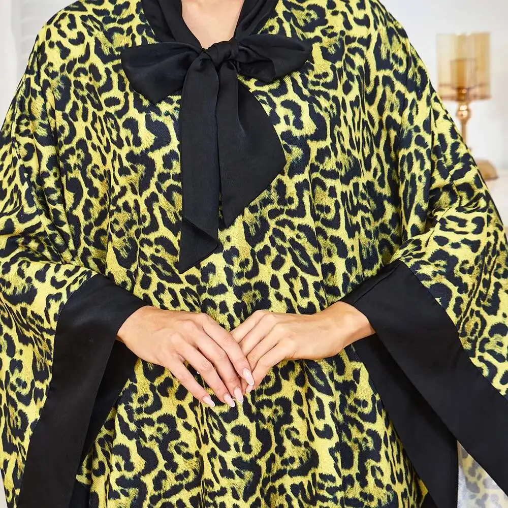 New Fashion Leopard Print Robe Loose Large Sleeve Bow Tie Decorated Muslim Dress Women's Clothing Dubai Luxury Islam Elegant