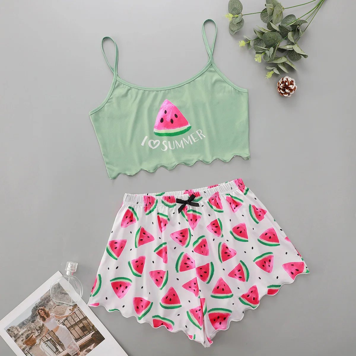 2PCS Cute & Comfy Fruit Print Pajamas Sleeveless Pajama Top & Pajama Shorts Set Women\'s Loungewear & Sleepwear