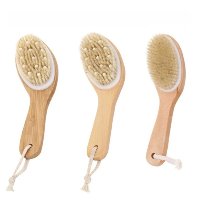Nanzhu-cepillo de baño para frotar madera de cáñamo, pelo de cerdo, mango curvo, cepillo para piernas de pollo, masaje corporal, cepillo de baño de doble uso húmedo y húmedo