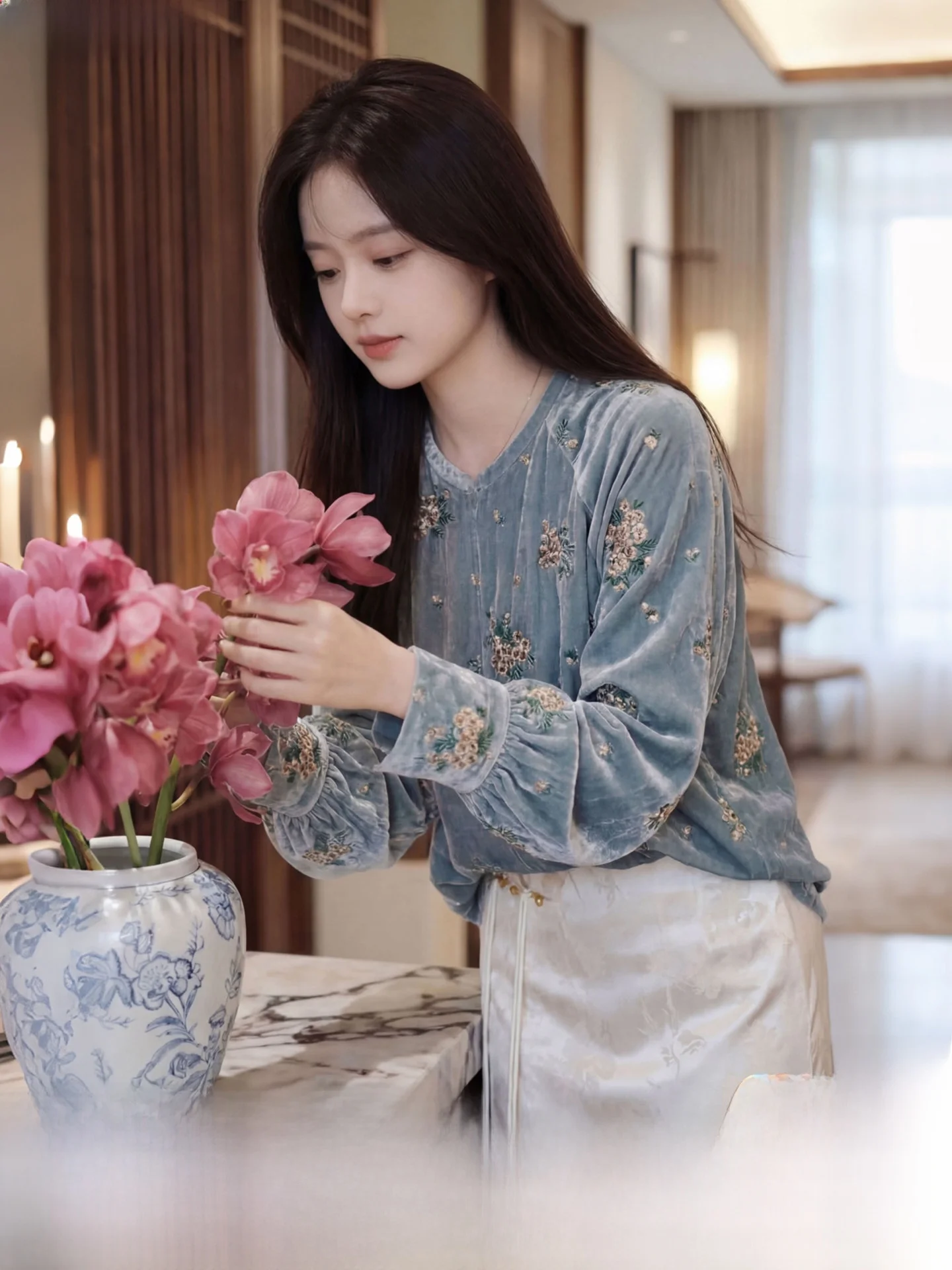 

New Chinese Sle Women's Velvet Jaet Embroidered Silk Bud Spring 2026 New Model Silk Long Sve round Ne Top