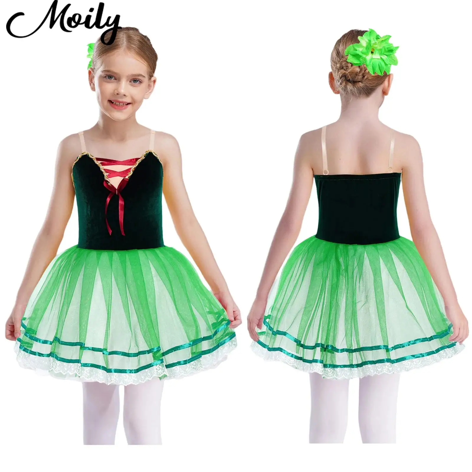 

Green Kids Girls Ballet Dance Performance Costume Sleeveless Adjustable Straps Lace Trim Layered Tulle Tutu Dress with Headwear