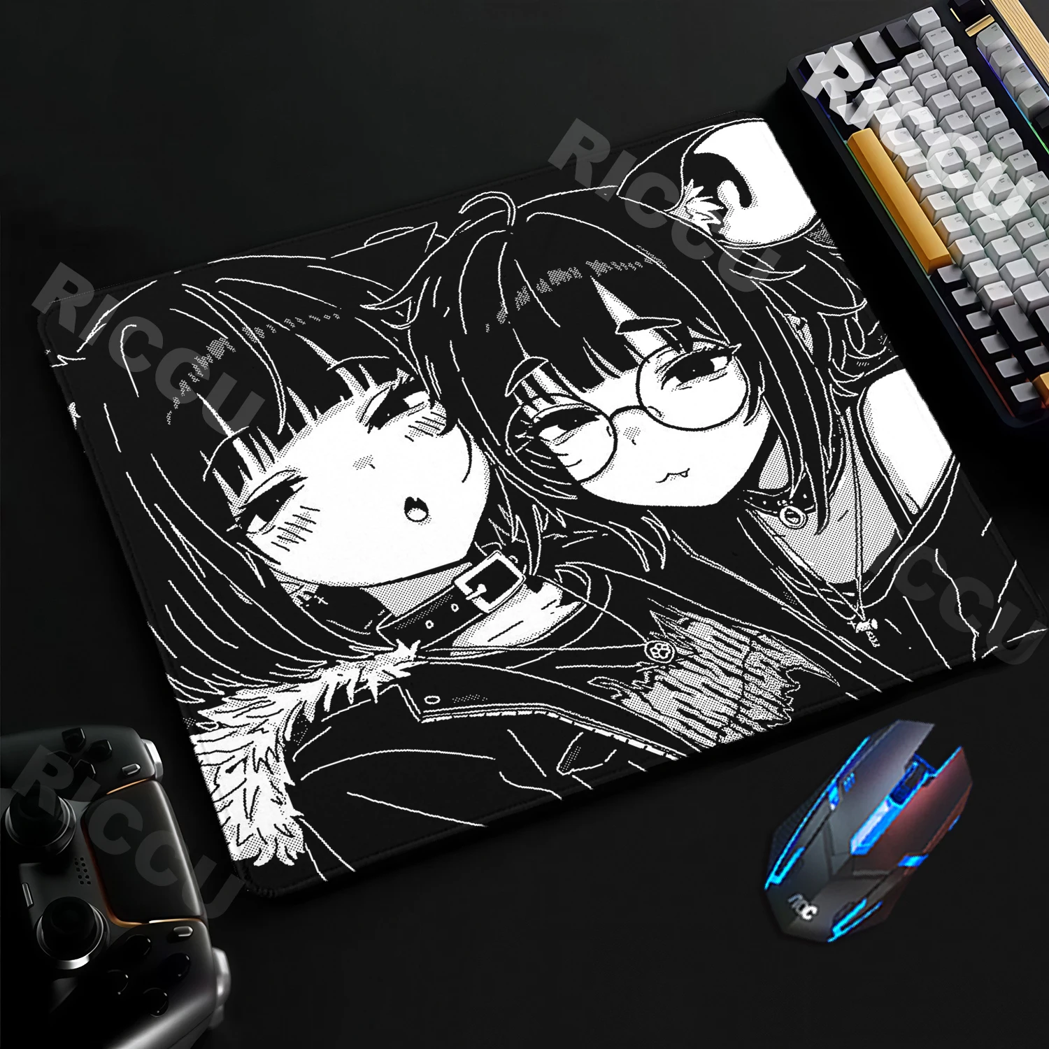 Schwarz-weißes Pixel-Mauspad mit Ästhetik-Motiv, Anime-Mädchen, E-Sport-Gaming-Mauspad, rutschfeste Gummi-Schreibtischunterlage, PC-Zubehör