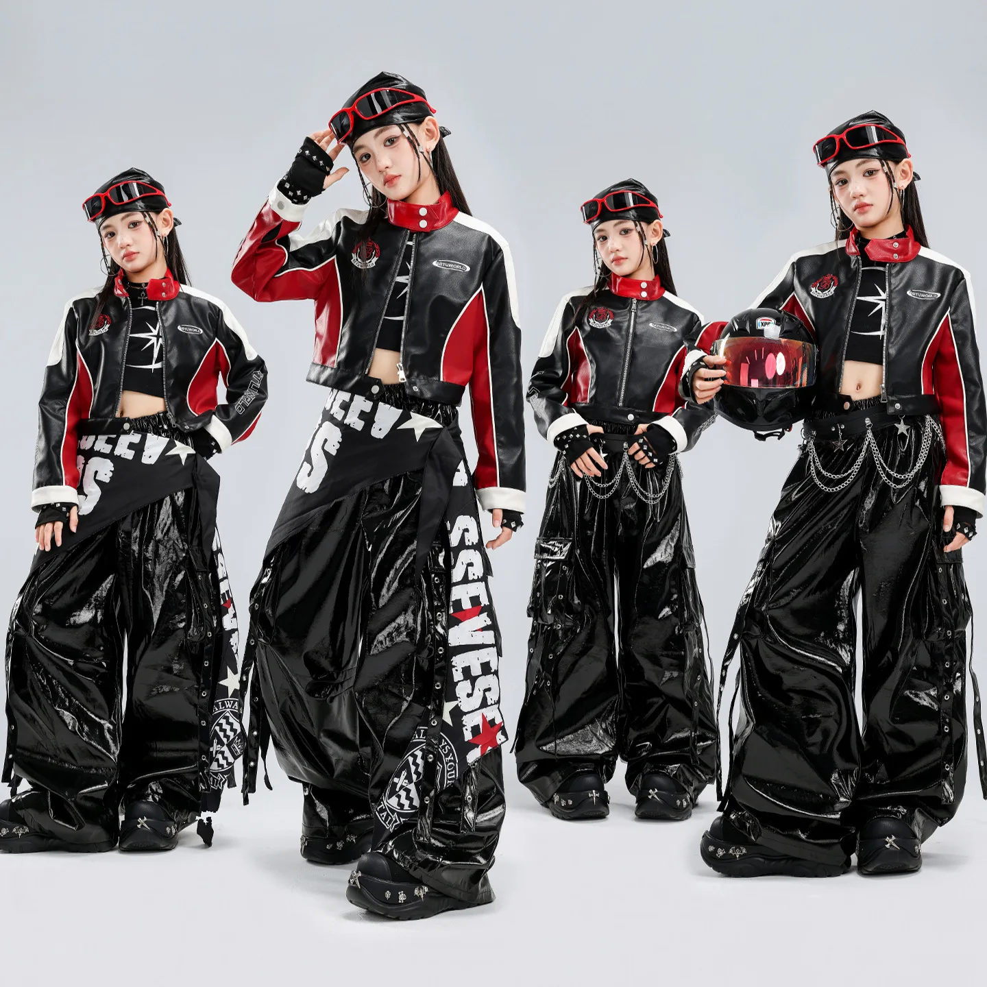 New Boys Hip Hop Dance Costumes Black Red Locomotive Jacket  PU Leather Pants Set Children Jazz Modern Dance Stage Performance