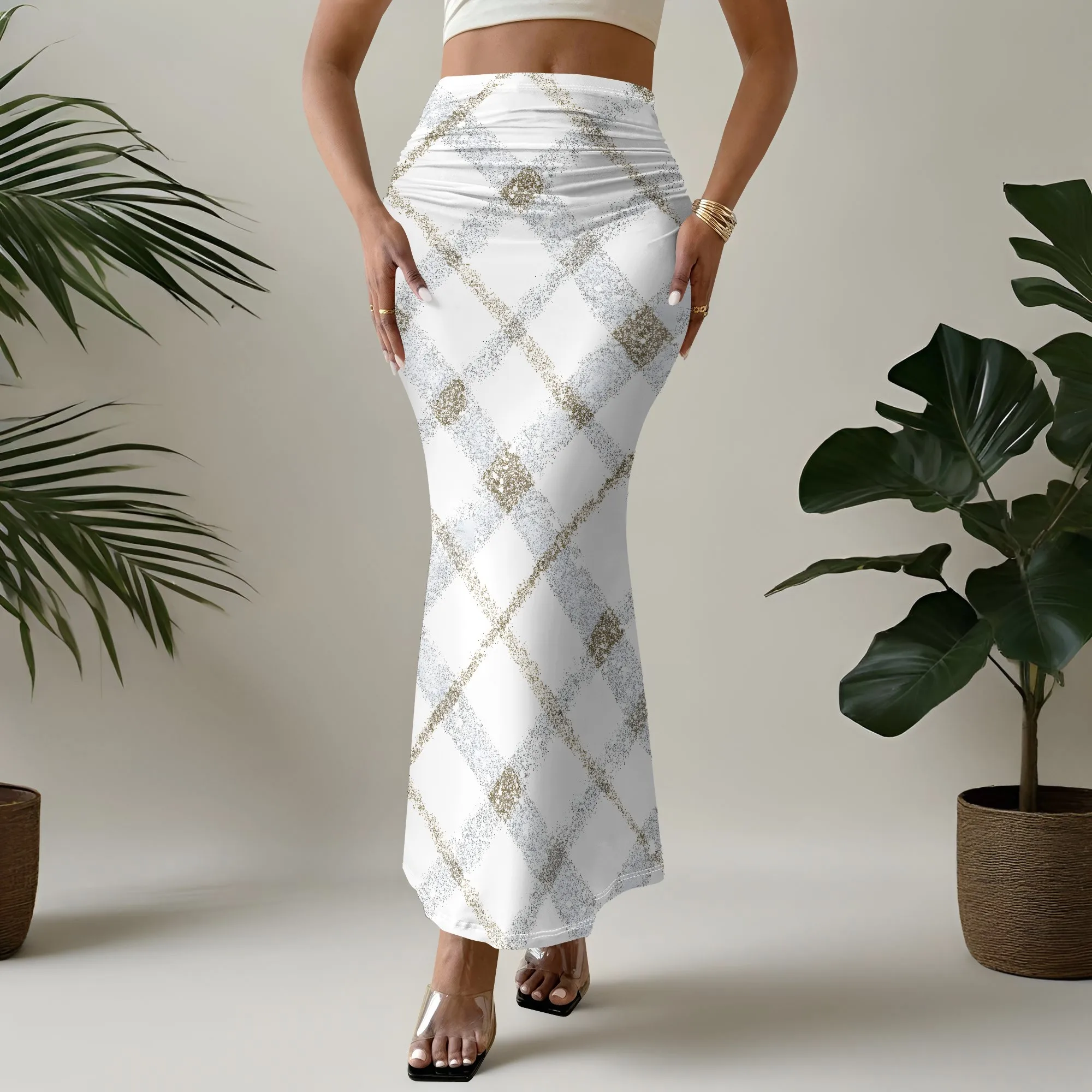 Glitter Plaid Print Mermaid Skirt, White Gold Check Pattern Maxi Skirt, Ruched High Waist Party Club Wear for Women, S-2XL