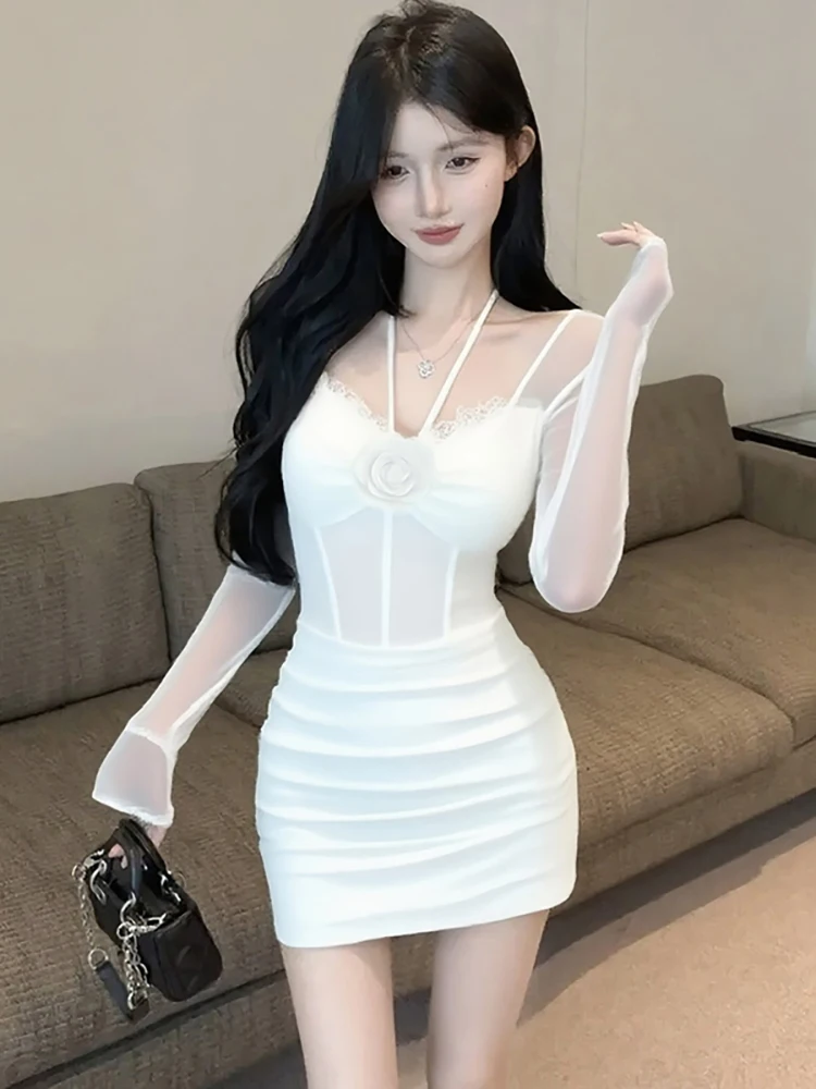 2025 Black Mesh Patchwork Lace Sheer Sexy Mini Dress Women Long Sleeve Square Collar Dress Autumn Korean Vintage Bodycon Dresses