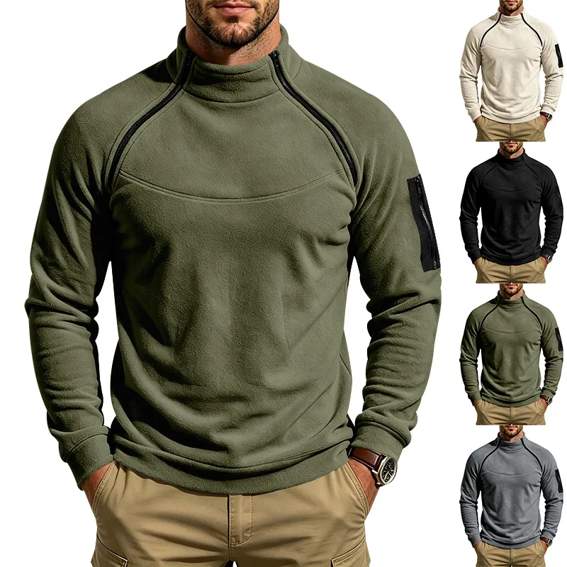 Herren Herbst-Winter-Sweatshirt aus dickem Fleece, Stehkragen, Doppelreißverschluss, lockere, warme Outdoor-Wanderjacke für den Alltag. – Detail 1