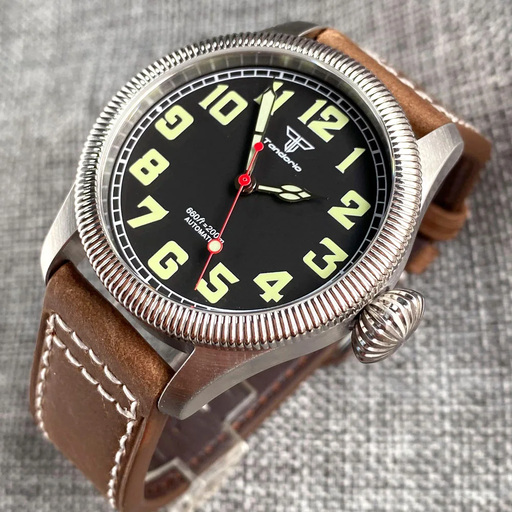 39mm Tandorio Pilot Automatic Watch Men NH35 Movt Red Hand Sapphire Big Crown Aviator Retro Wristwatch Leather Band