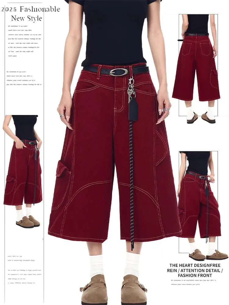 American Retro Deconstructed Red Workwear Seven-Foot Pants Damen Sommer New Design Sense Jeans Orts Multi-Jacket Casual H...