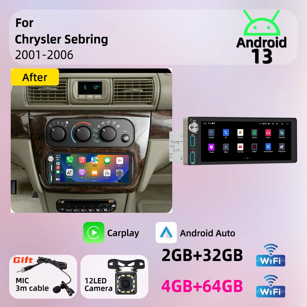 Système multimédia automobile Android pour Chrysler Sebring 2001-2006, Carplay sans fil, autoradio 6,86 pouces 1 Din, autoradio GPS