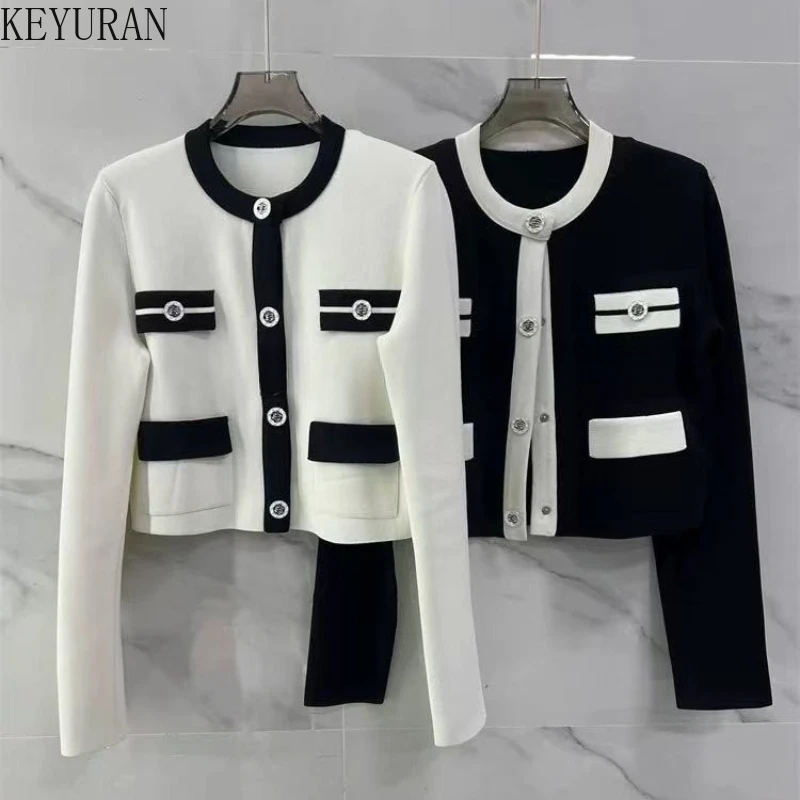 

2025 Autumn French Metal Buckle Cropped Knitted Cardigans Women Elegant Button Up Black White Sweater Jacket Tops Sueter Mujer