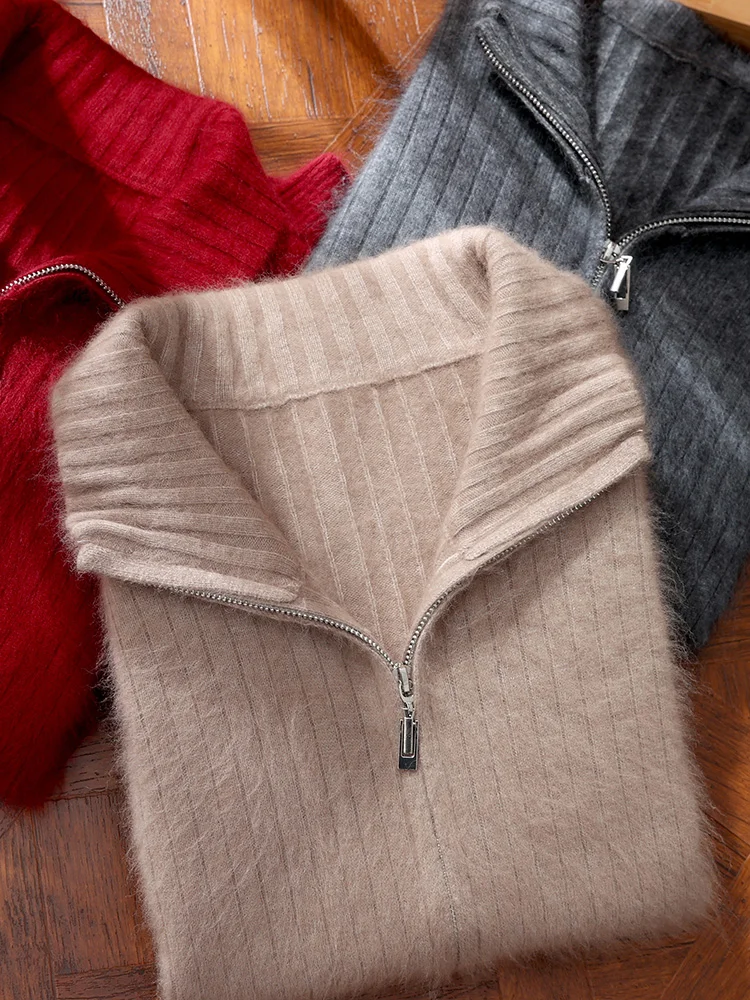 TLOML Men 100% Mink Cashmere Sweater Mock Neck Zipper Solid Cardigan Autumn Winter Soft Warm Cashmere Knitwear Comfy Thick Coat