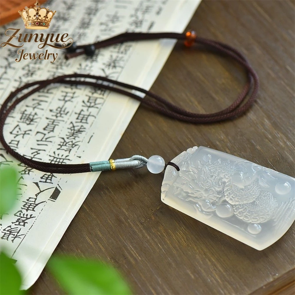 Natural High Ice Transparent White Chalcedony Red Agate Zodiac Dragon Playing With A Pearl Jade Pendant Exquisite Couple Jewelry 3