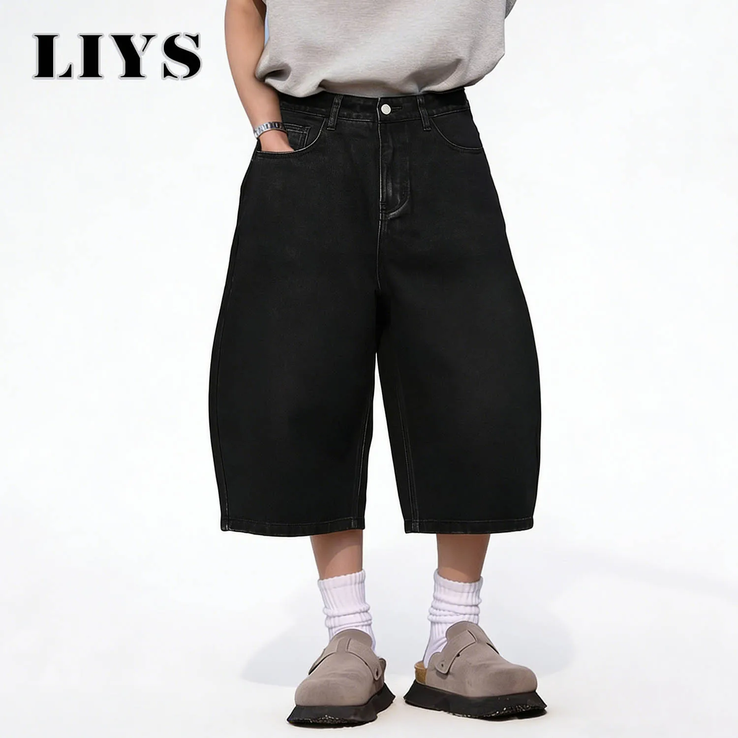 

Джинсовые шорты LIYS в американском ретро-стиле, черные, ультра-свободные, широкие, из денима, модные, мужские и женские, повседневные, джинсы-капри