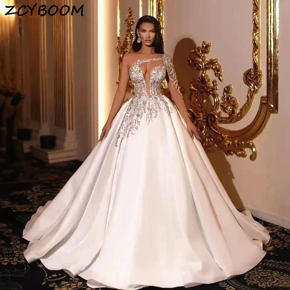 Customized Luxurious Sequin Shiny Beaded Crystal Ball Gown Satin Wedding Dresses 2024 One Shoulder Court Train Tulle Bridal Gown