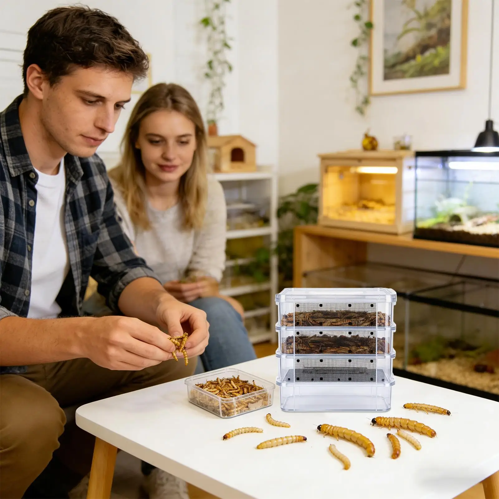 

Набор для разведения мучных червей: 4-слойный прозрачный сетчатый контейнер для кормления с ручкой для сахарных поссумов, рептилий, пауков, птиц