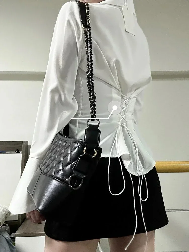 Women Sexy Solid Color Slim Chiffon Shirt Turn-down Collar Flare Sleeve Tunic Bandage Design Vintage Ladies Blouses Office Tops