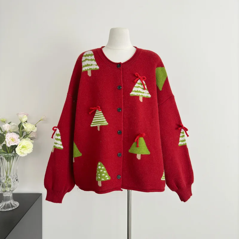Cardigan lavorato a maglia jacquard albero di Natale per donna 2025 Inverno Nuovo stile pigro Cappotti monopetto Maglione a maniche lunghe con scollo a O