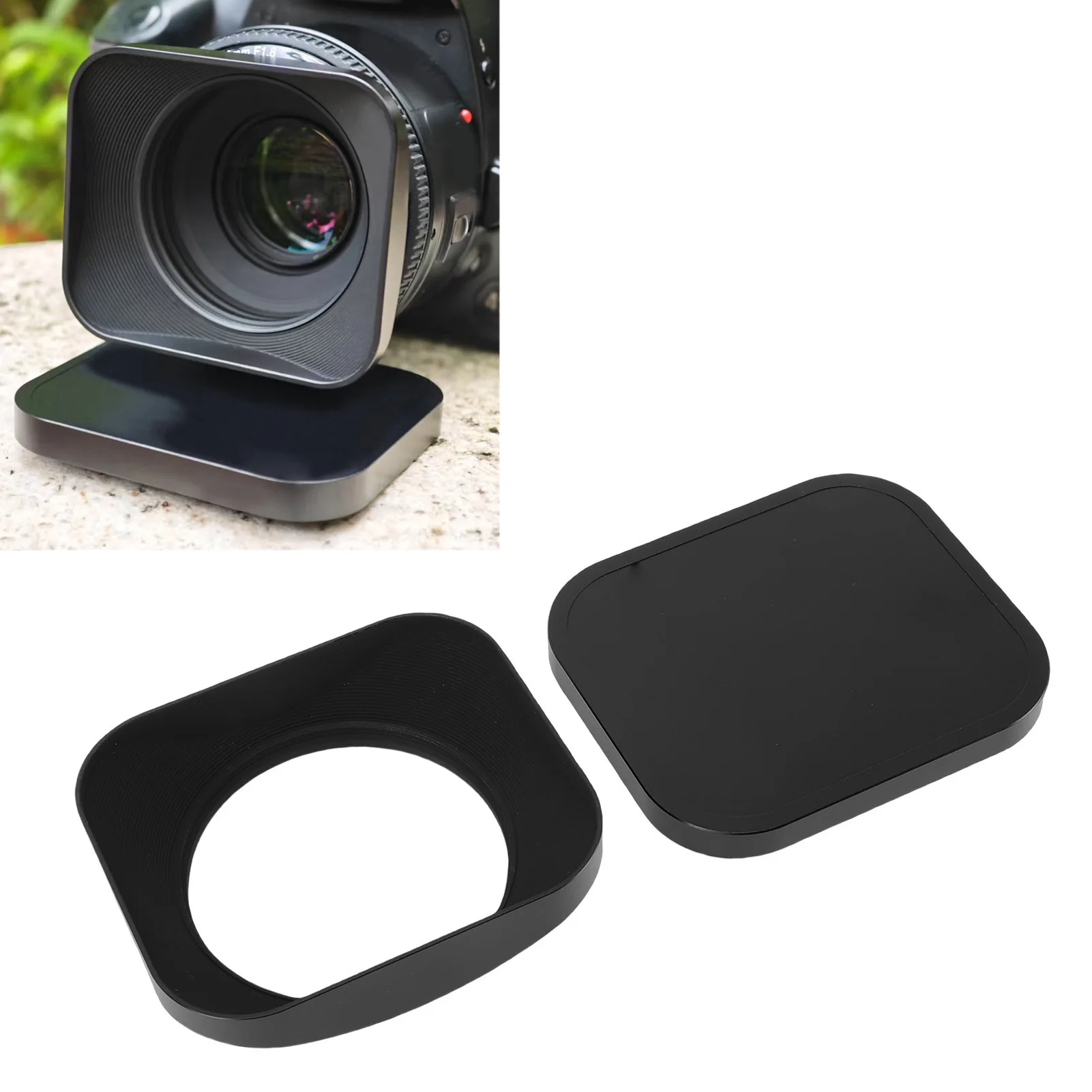 

Metal Square Lens Hood and Cap Set Matte Finish Thread Design Black 62mm Lens Hood Protector and Cap