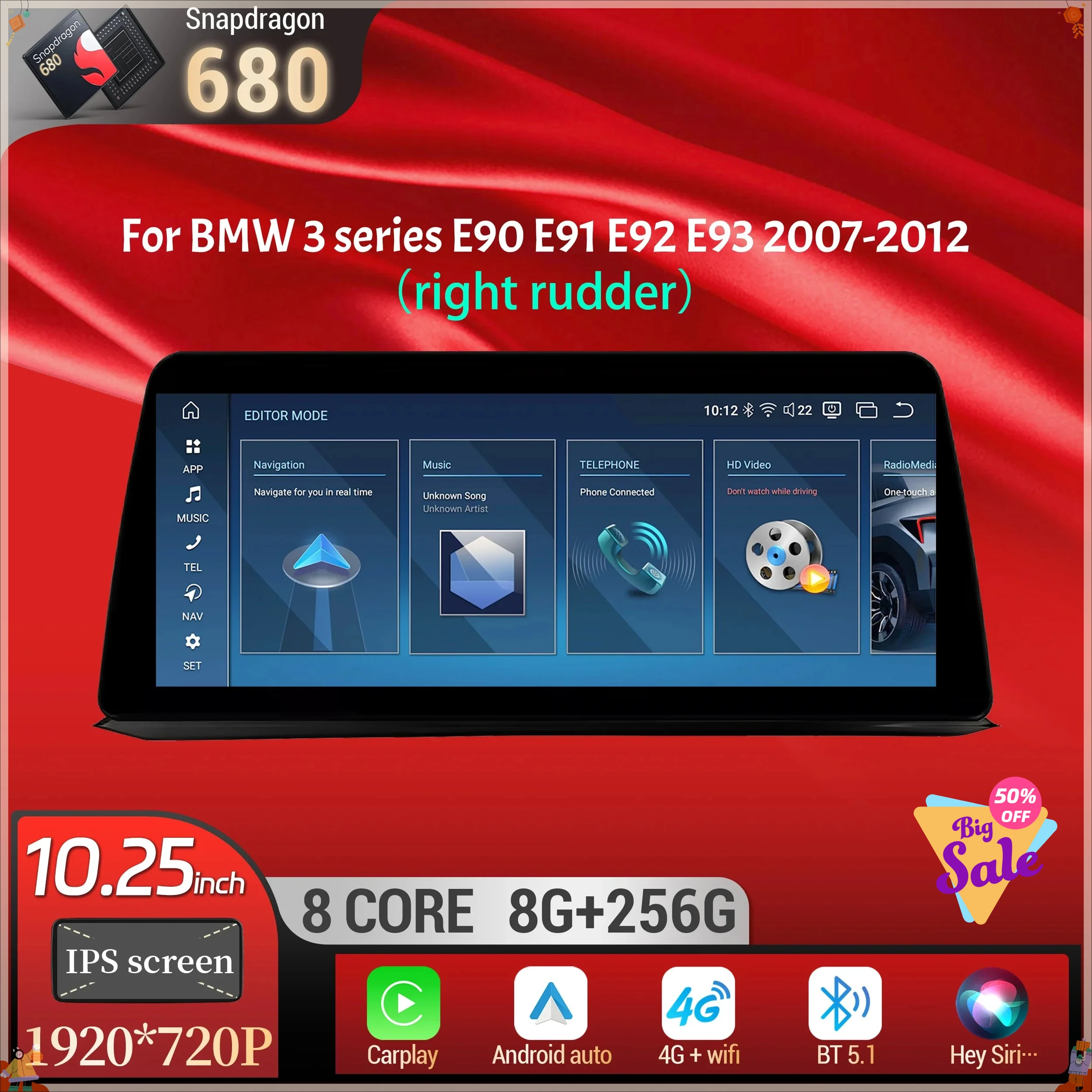10.25 inch For BMW 3 series E90 E91 E92 E93 2007-2012 Right Hand Drive Android 14 Car Radio Carplay Snapdragon 680 Touch Screen