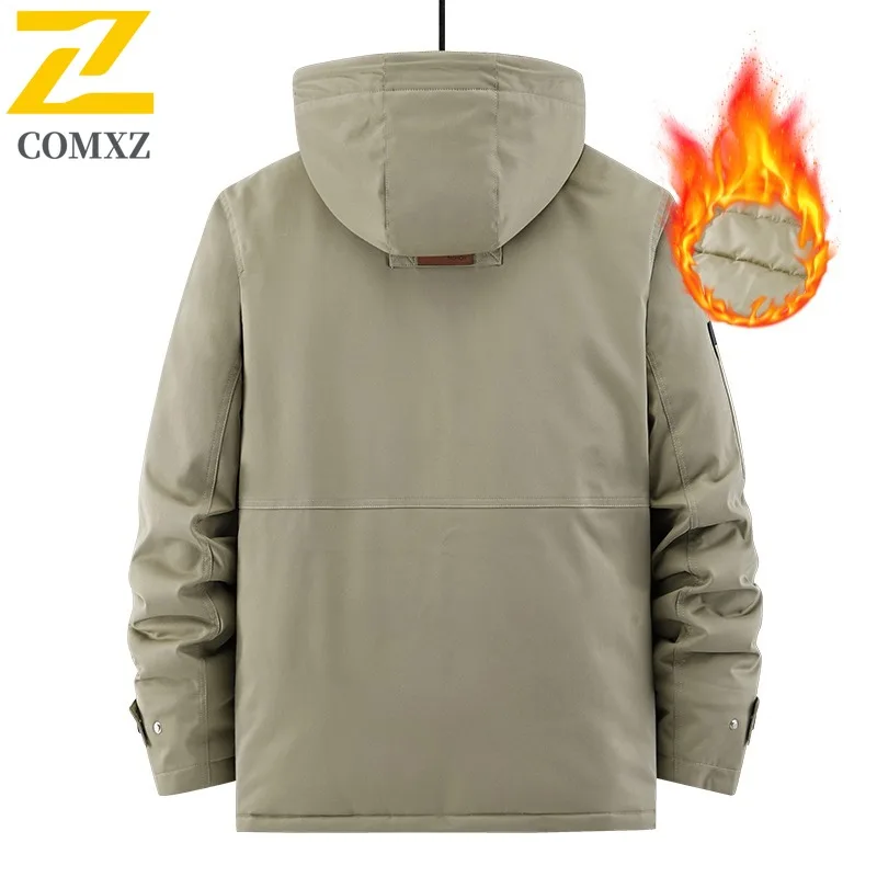 COMXZ 2025 Mens Plus Size Winter Workwear Puffer Jacket Military Style Waterproof Windproof Detachable Hood Outdoor Sports Coat