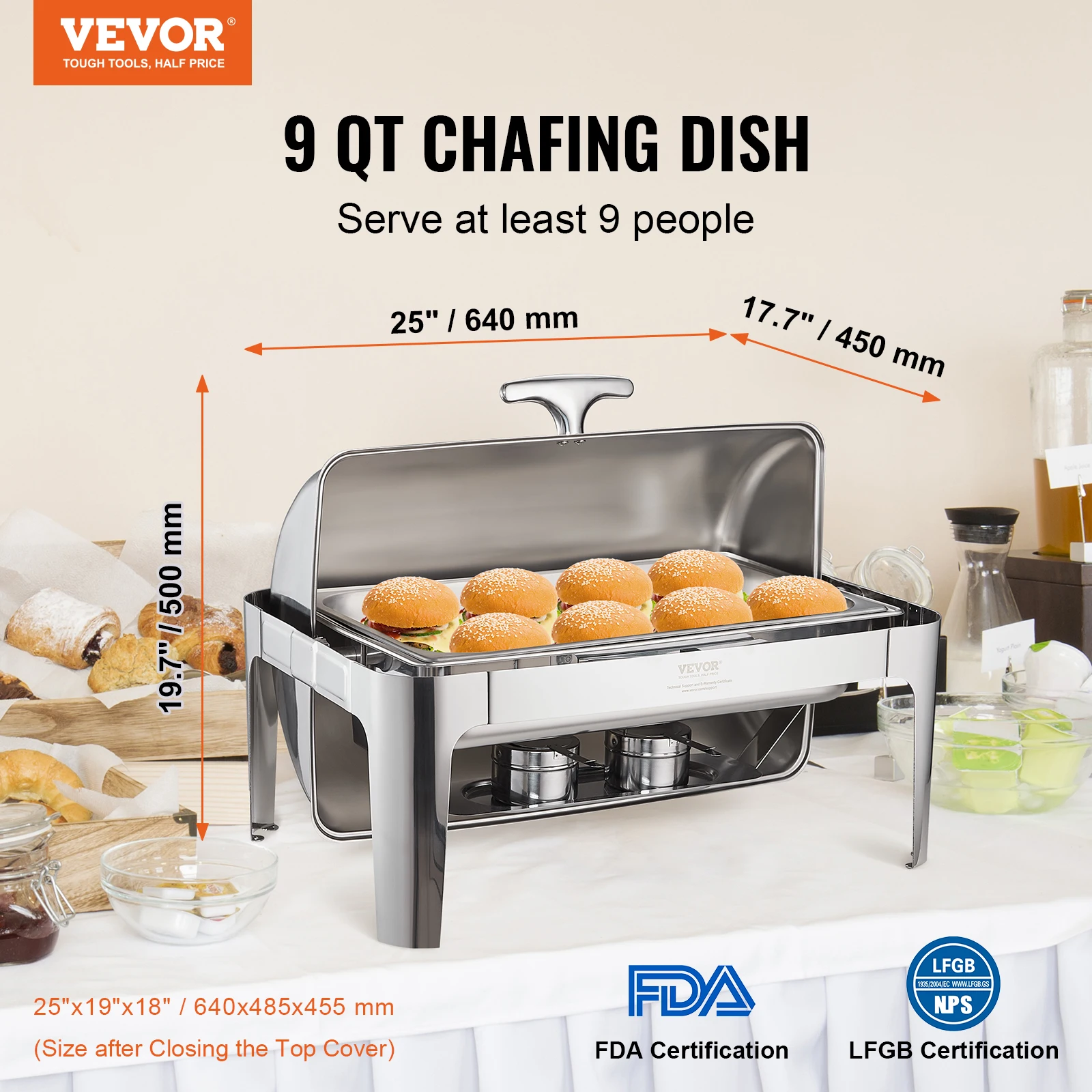 VEVOR Chauffe-Plat 8,5 L Buffet Chauffant à Combustible Couvercle Rabattable Réchaud en Inox Alimentaire avec 1 Pince Maintient au Chaud pour Servir Buffet Libre-Service Hôtel Traiteur Restauration