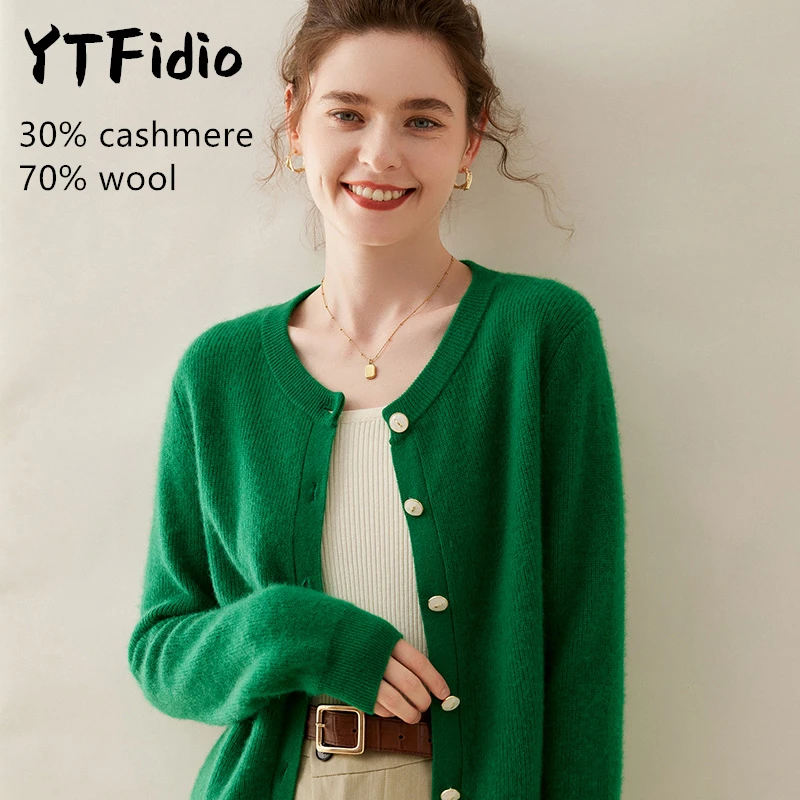 

YTFidio Cashmere Merino Wool Sweater Women O-neck Long Sleeve Casual Jumpers Solid Knitwear Cardigan Tops 106