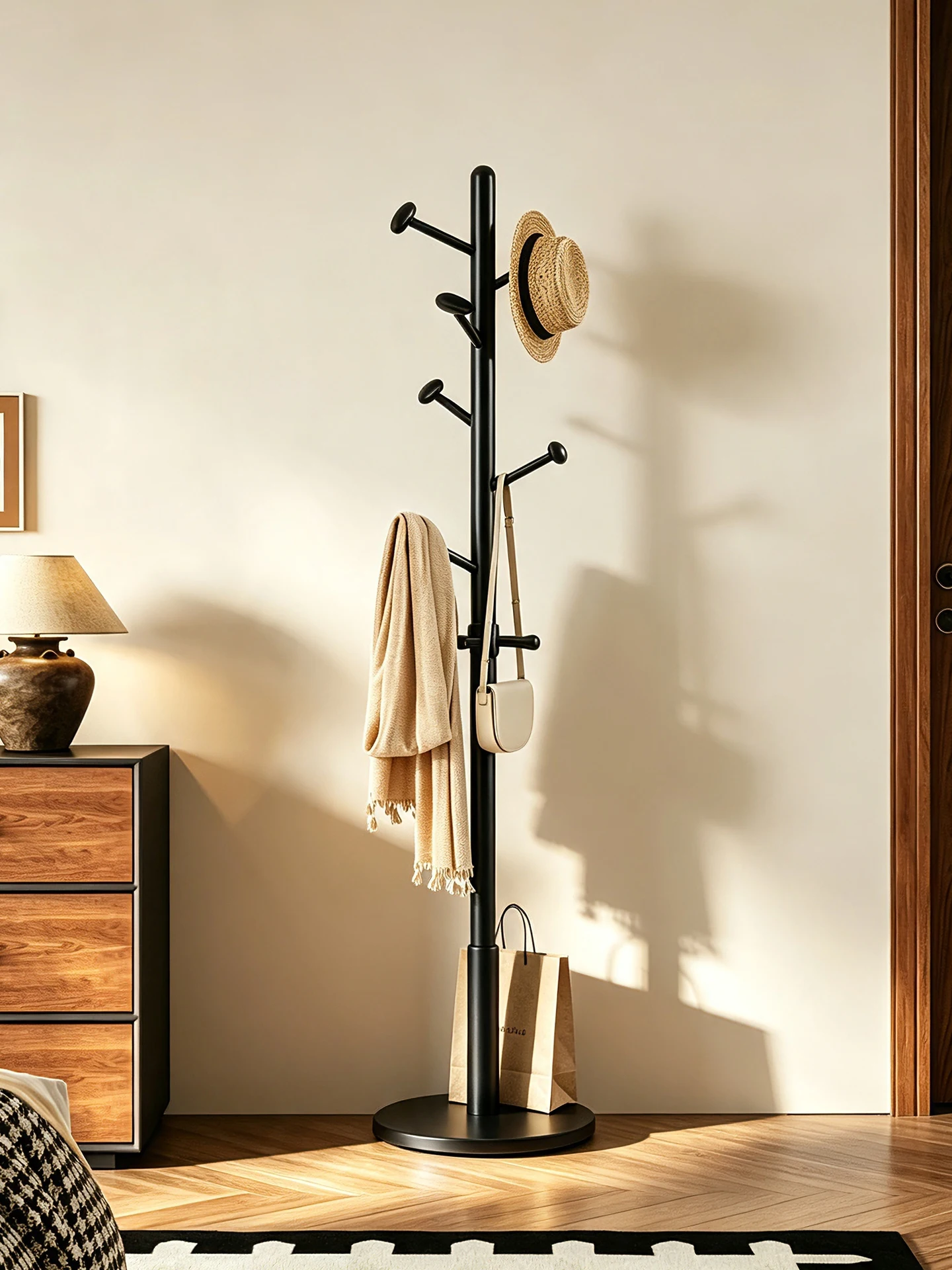 wood-single-rod-clothes-hanger-for-bedroom-indoor-vertical-hanging-bag-rack-entrance-coat-stand-nordic-style-iron-material
